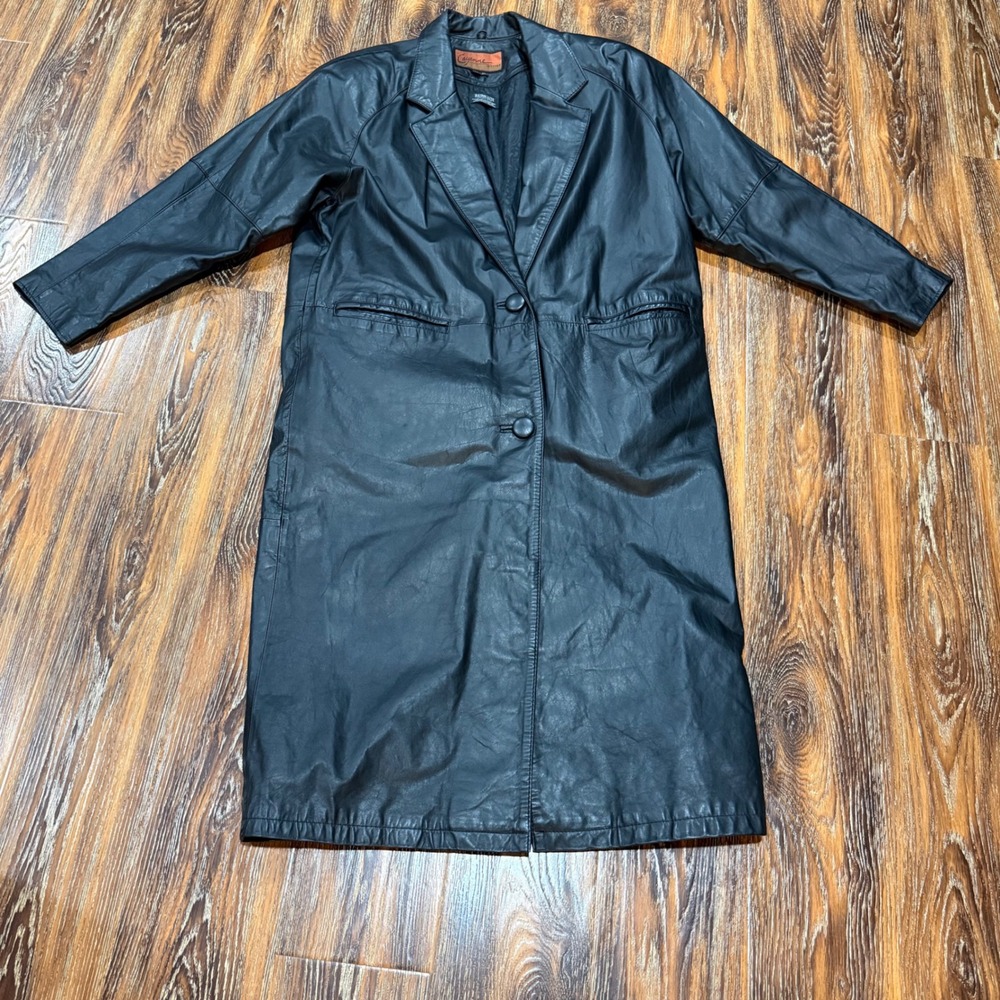 Cayenne Leather Size L Trench Coat Womens Black Long Insulated Paisley Lining